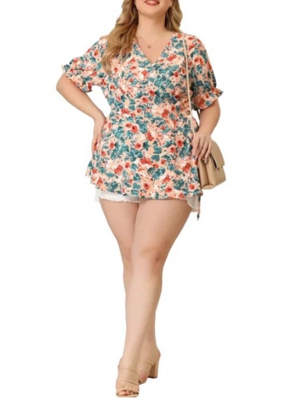 Plus Size Wrap Belted Tops Floral V-neck Ruffle Short Sleeve Peplum Blouse, 3X - Picture 4 of 15